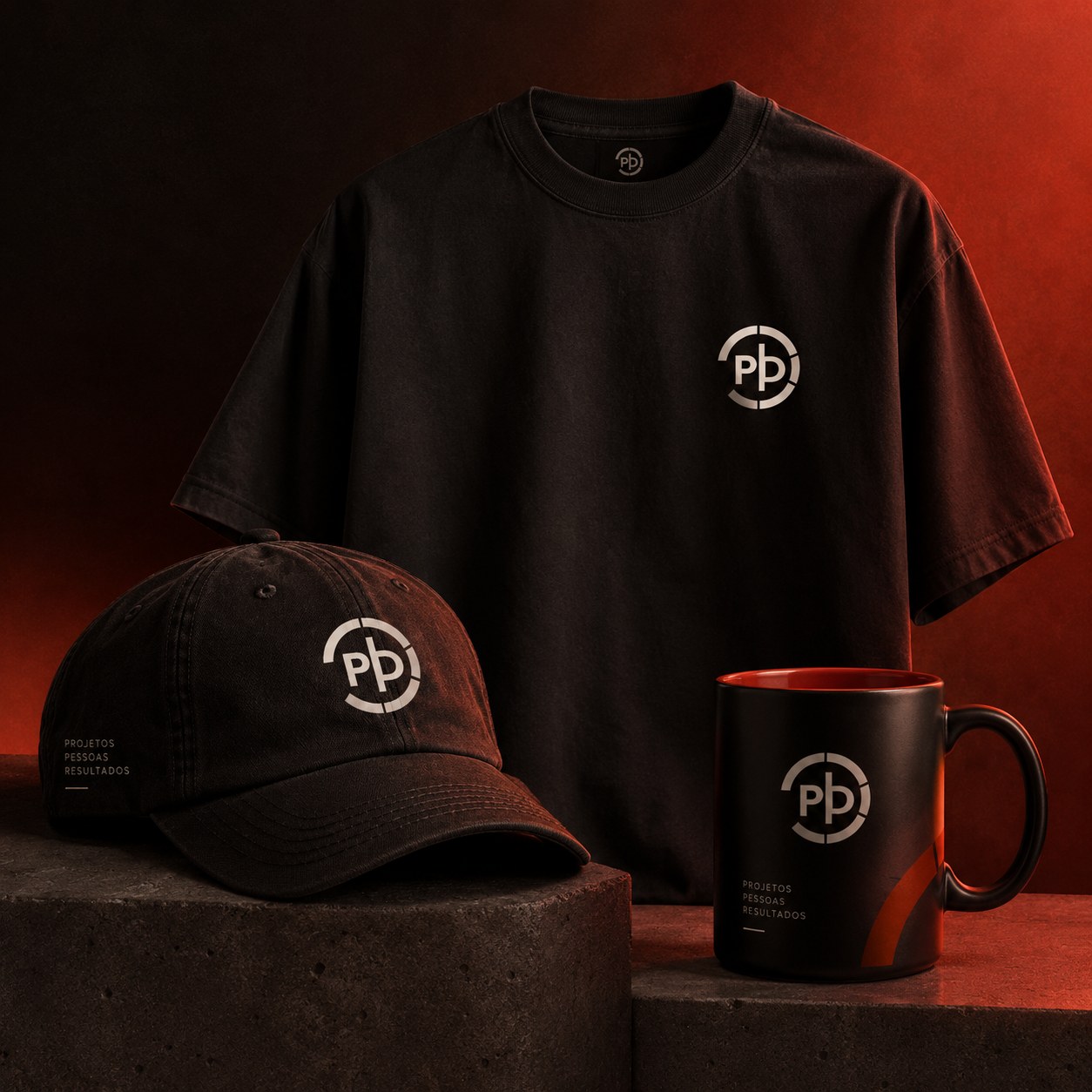 Identidade visual da PRUDEN DIGITAL aplicada em camiseta, boné e caneca